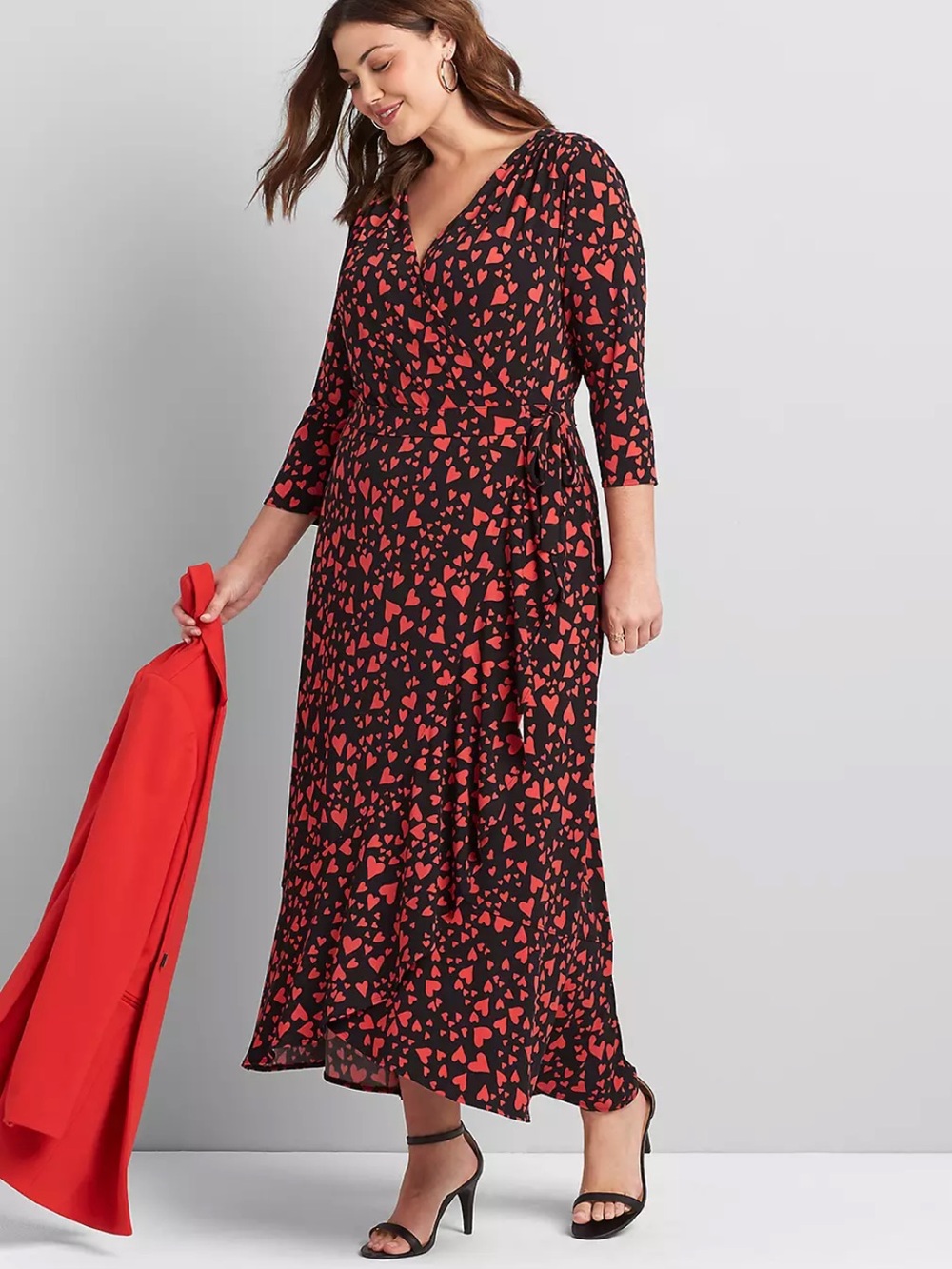 Lane Bryant Heart Printed Faux-Wrap Midi Dress in Black and Red 14/16